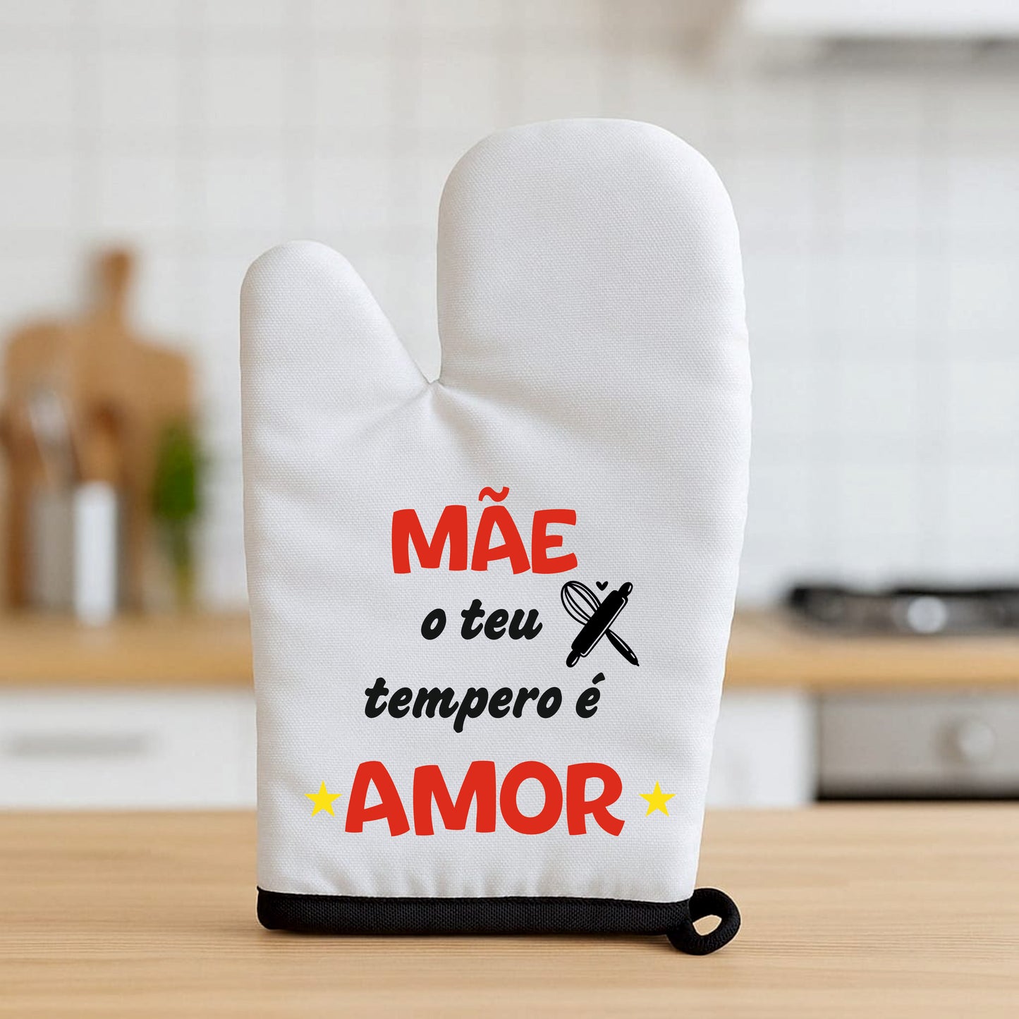 Luva de Cozinha Mãe – O Teu Tempero é Amor – Branca