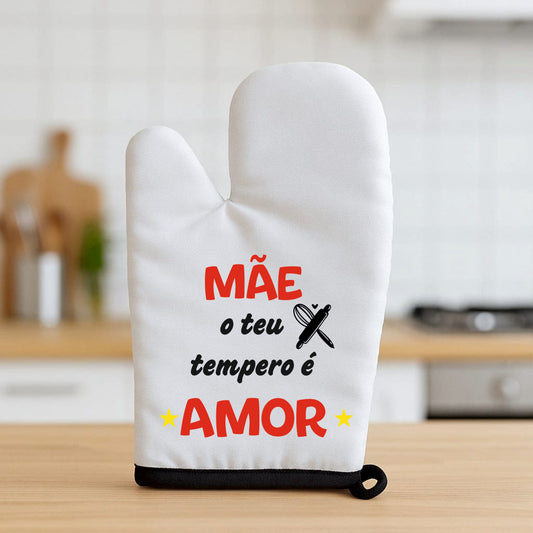 Luva de Cozinha Mãe – O Teu Tempero é Amor – Branca
