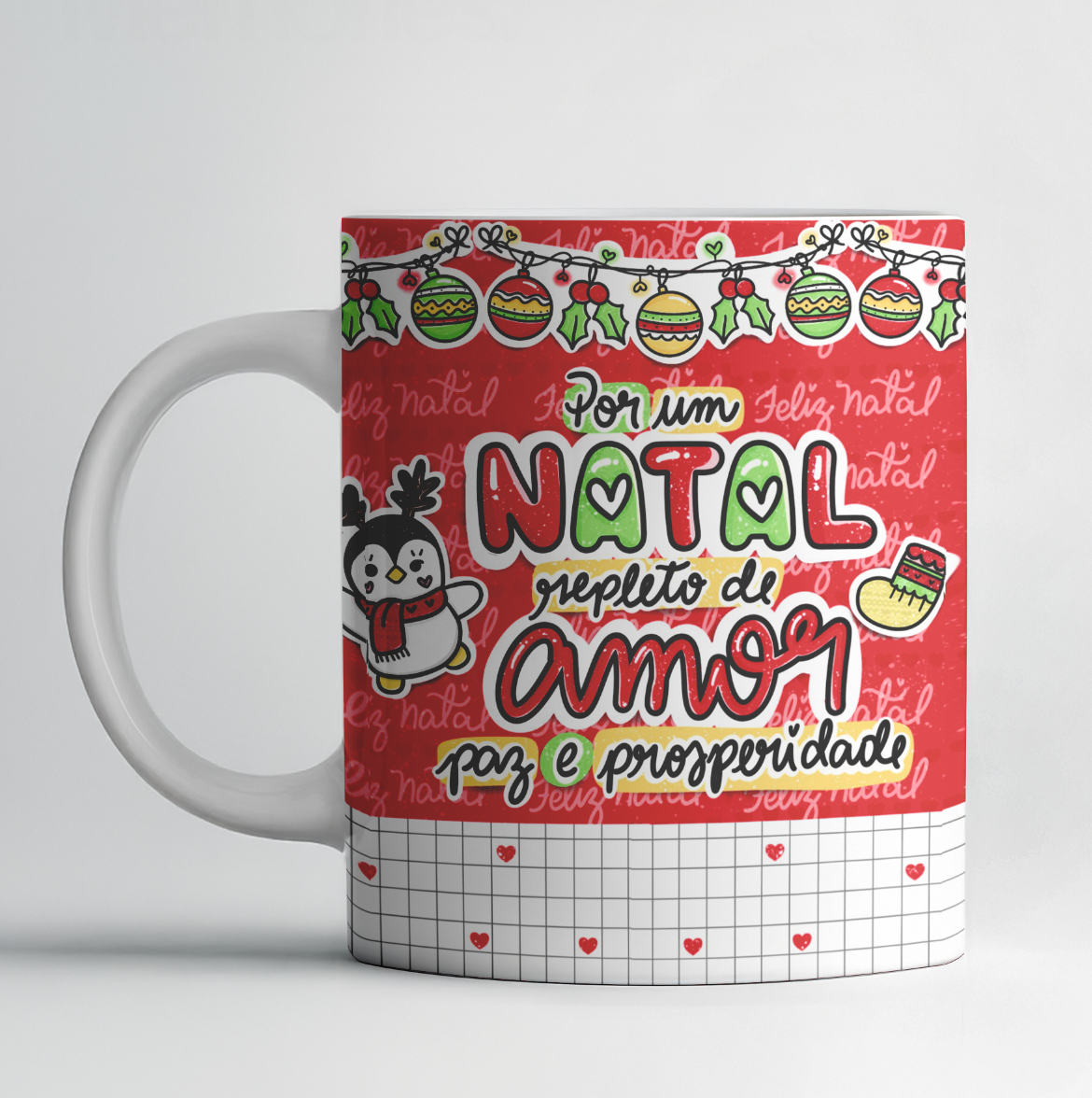 Caneca de Natal – Pinguim e Bola de Neve | Mensagem “Natal Repleto de Amor”