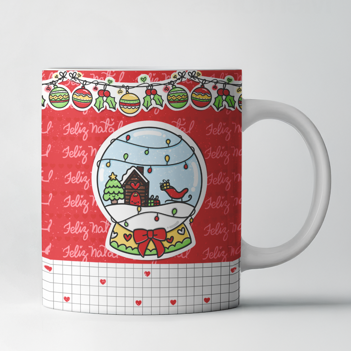Caneca de Natal – Pinguim e Bola de Neve | Mensagem “Natal Repleto de Amor”