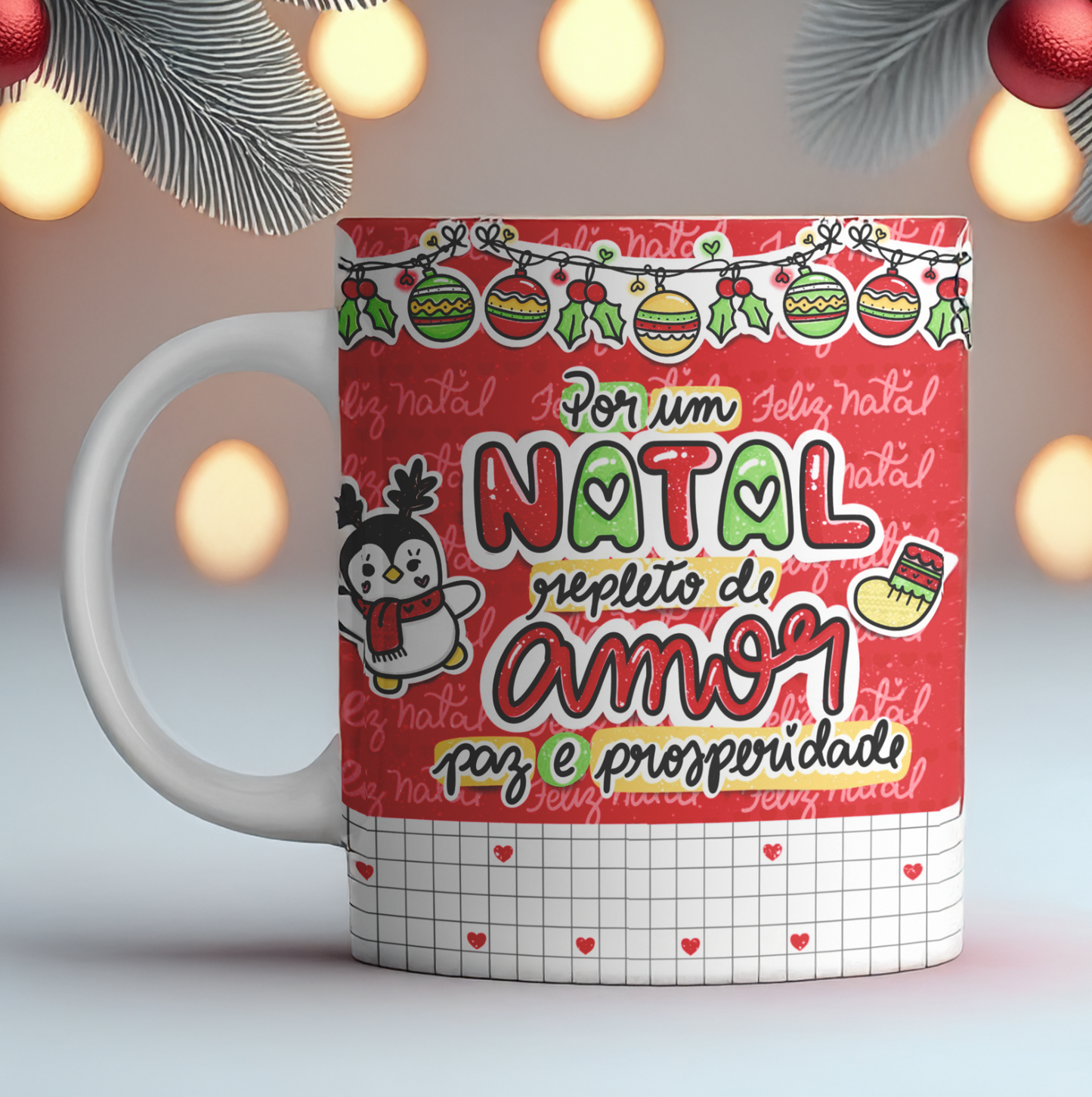 Caneca de Natal – Pinguim e Bola de Neve | Mensagem “Natal Repleto de Amor”